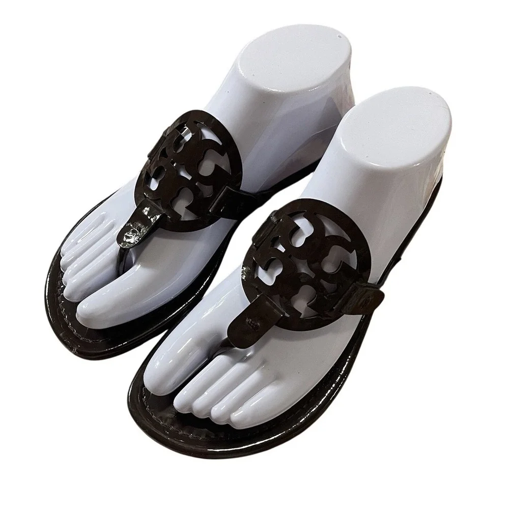 Tory Burch Miller Sandals Dark Brown Patent Thong Size 8.5 Flip Flop Beach Dress